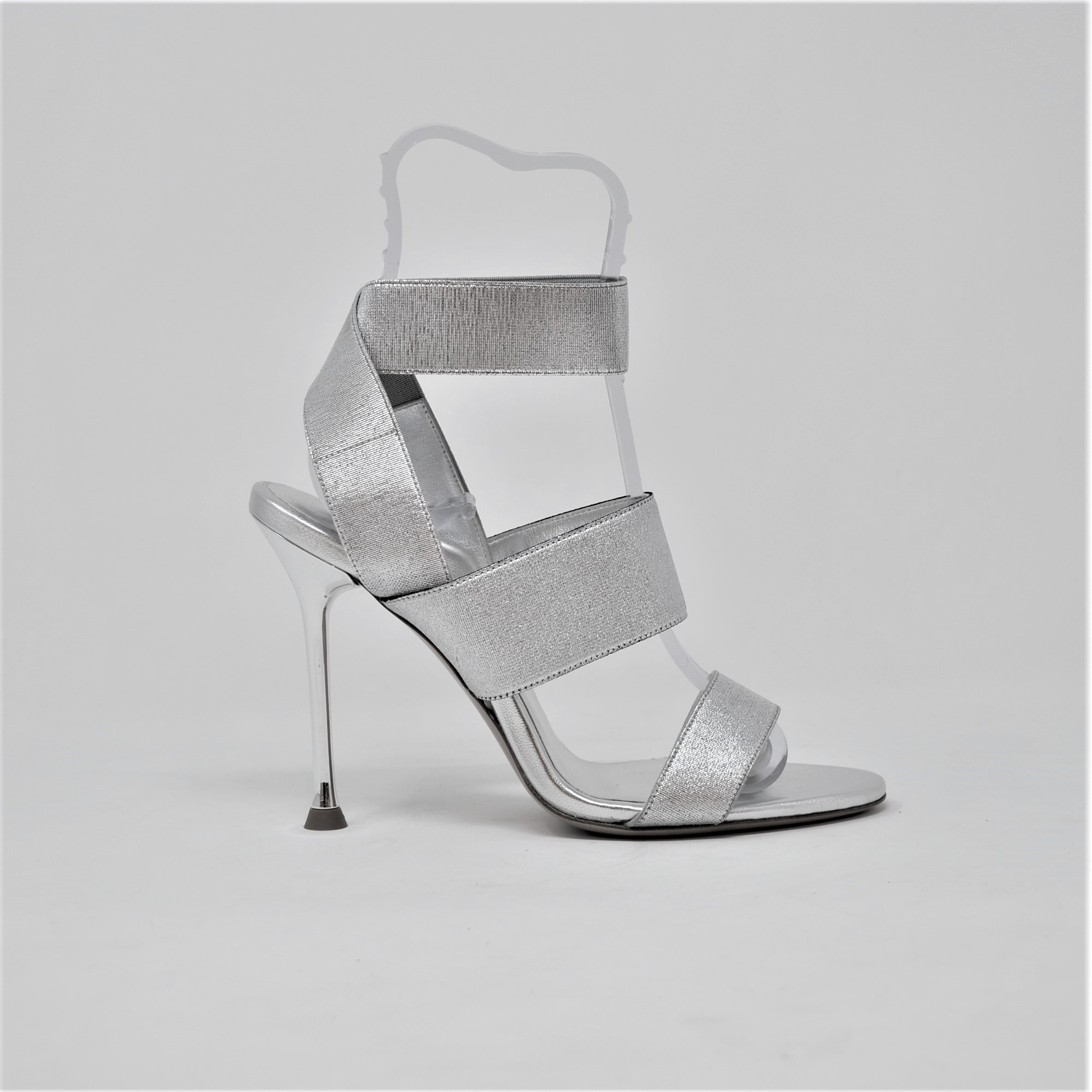 Silberne Sandale mit elastischen Bändern 10,5 cm Absatz
